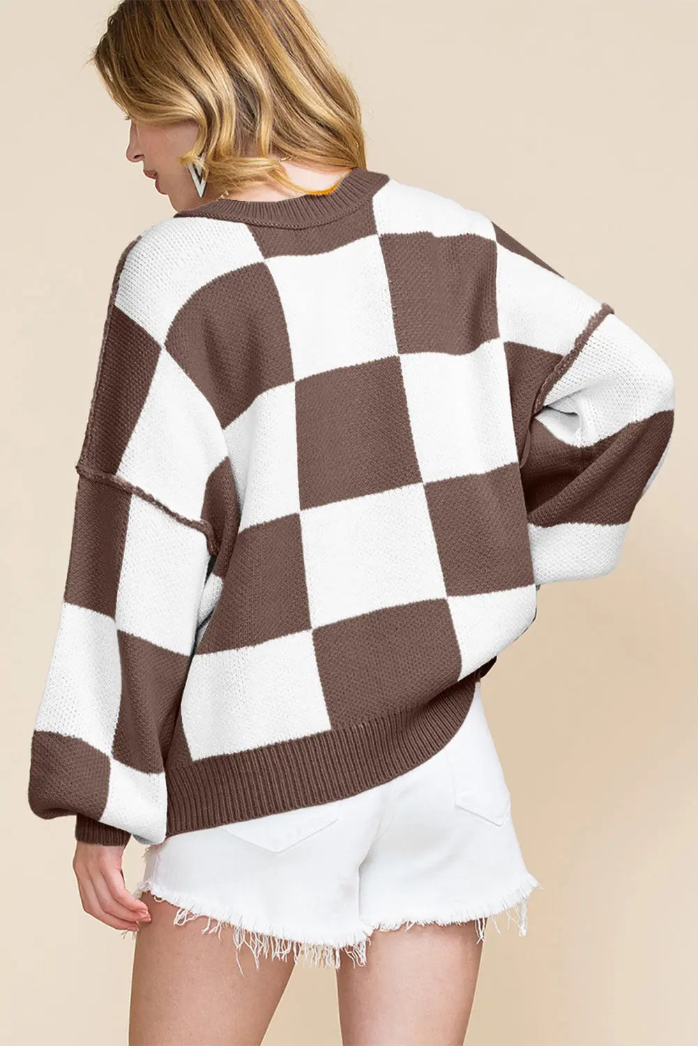 Checkered Bishop Sleeve Sweater - Be Bliss Boutique