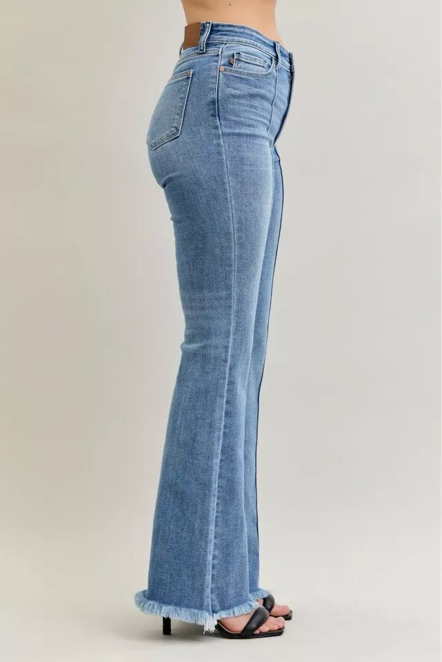 Judy Blue Jeans - High Waist Flare Fray Hem Jeans with Front Pintuck Detail - Be Bliss Boutique