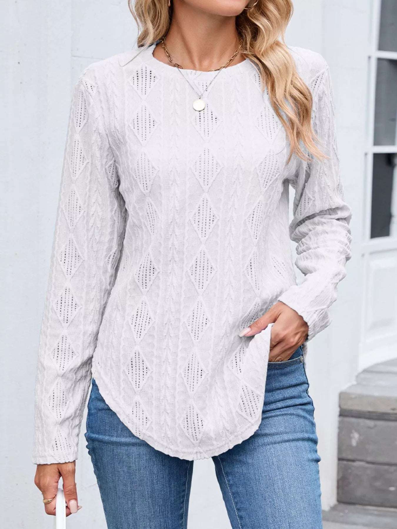Openwork Textured Long Sleeve Top - Be Bliss Boutique