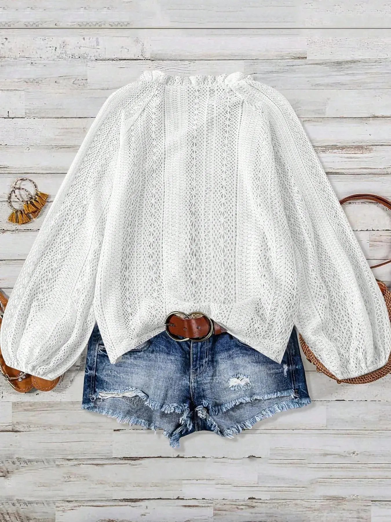 Crochet Notched Button Front Shirt - Be Bliss Boutique