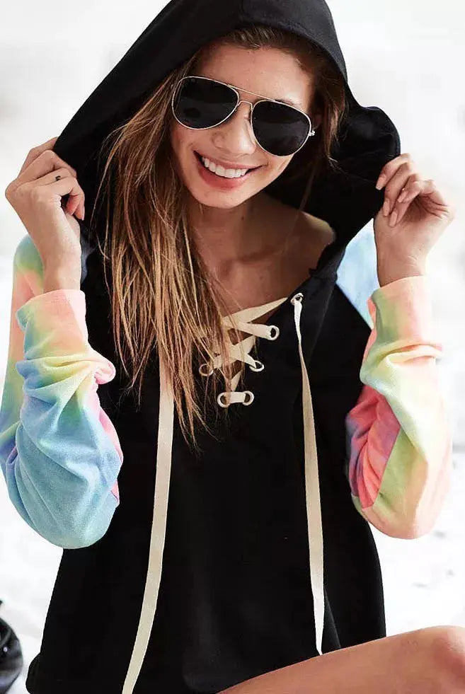 BiBi French Terry Lace Up Hoodie With Tie Dye Sleeves - Be Bliss Boutique