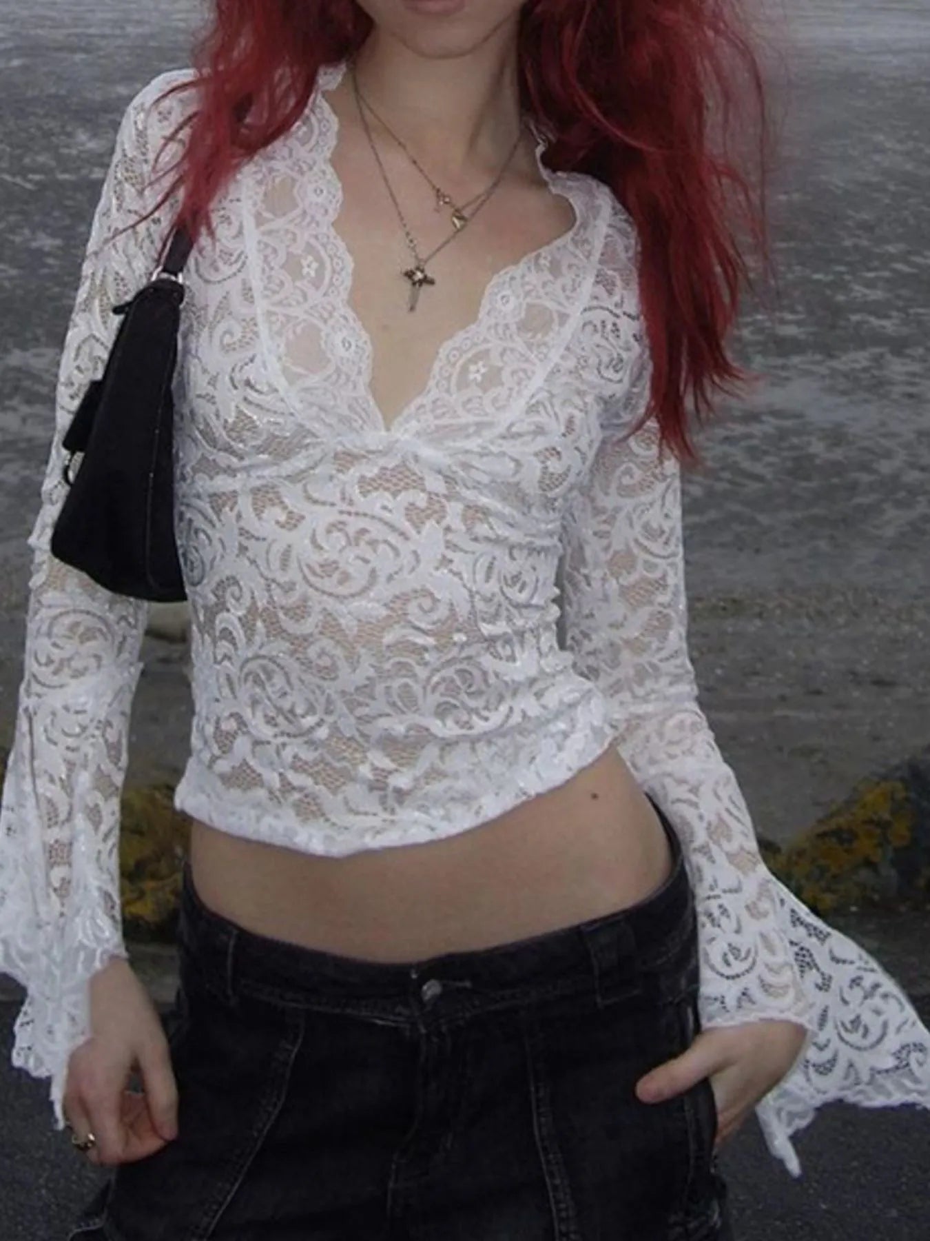 Lace Long Sleeve Deep V-Neck Blouse - Be Bliss Boutique