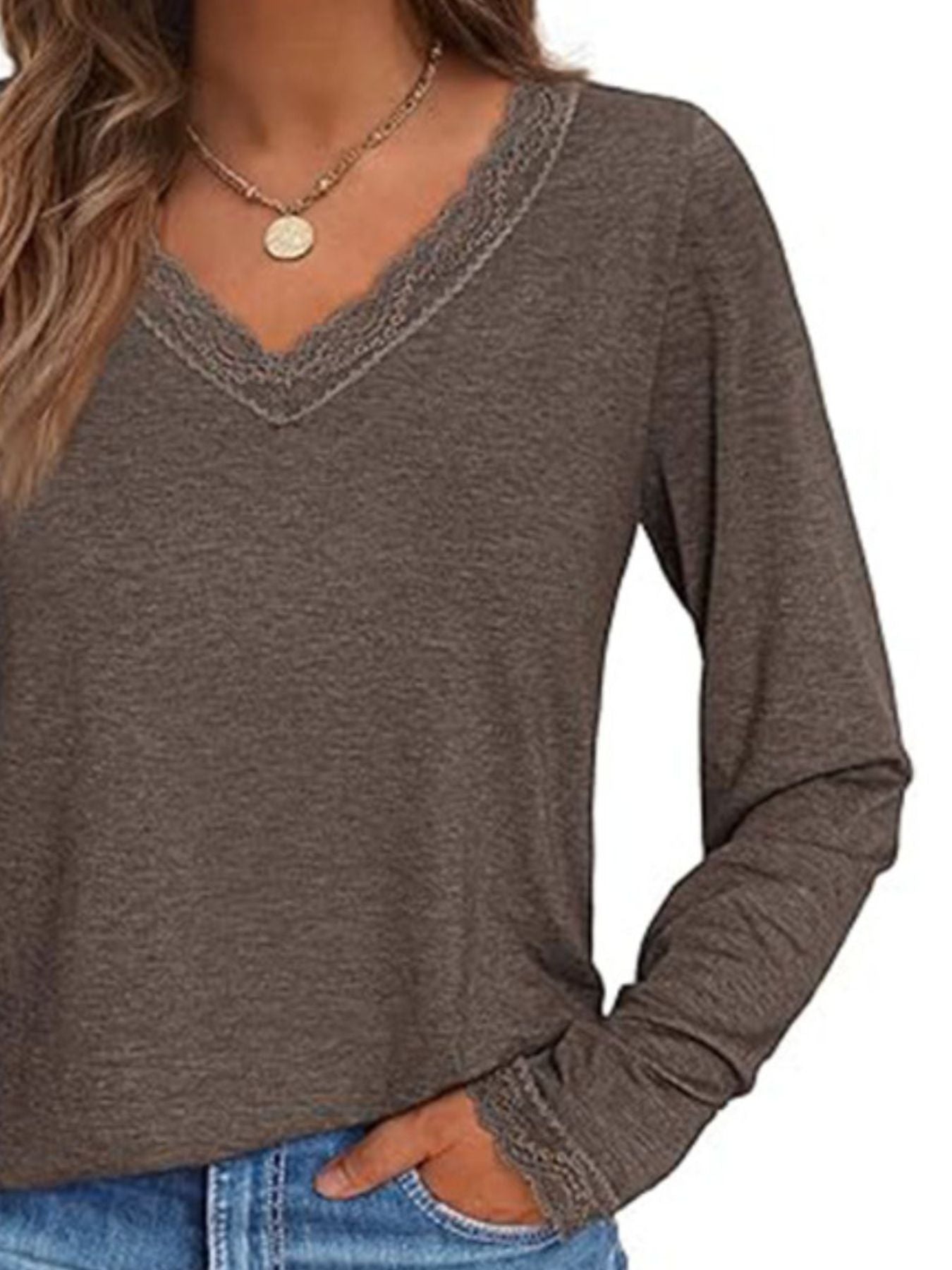 Women's Lace Trim V Neck Long Sleeve Top - Be Bliss Boutique