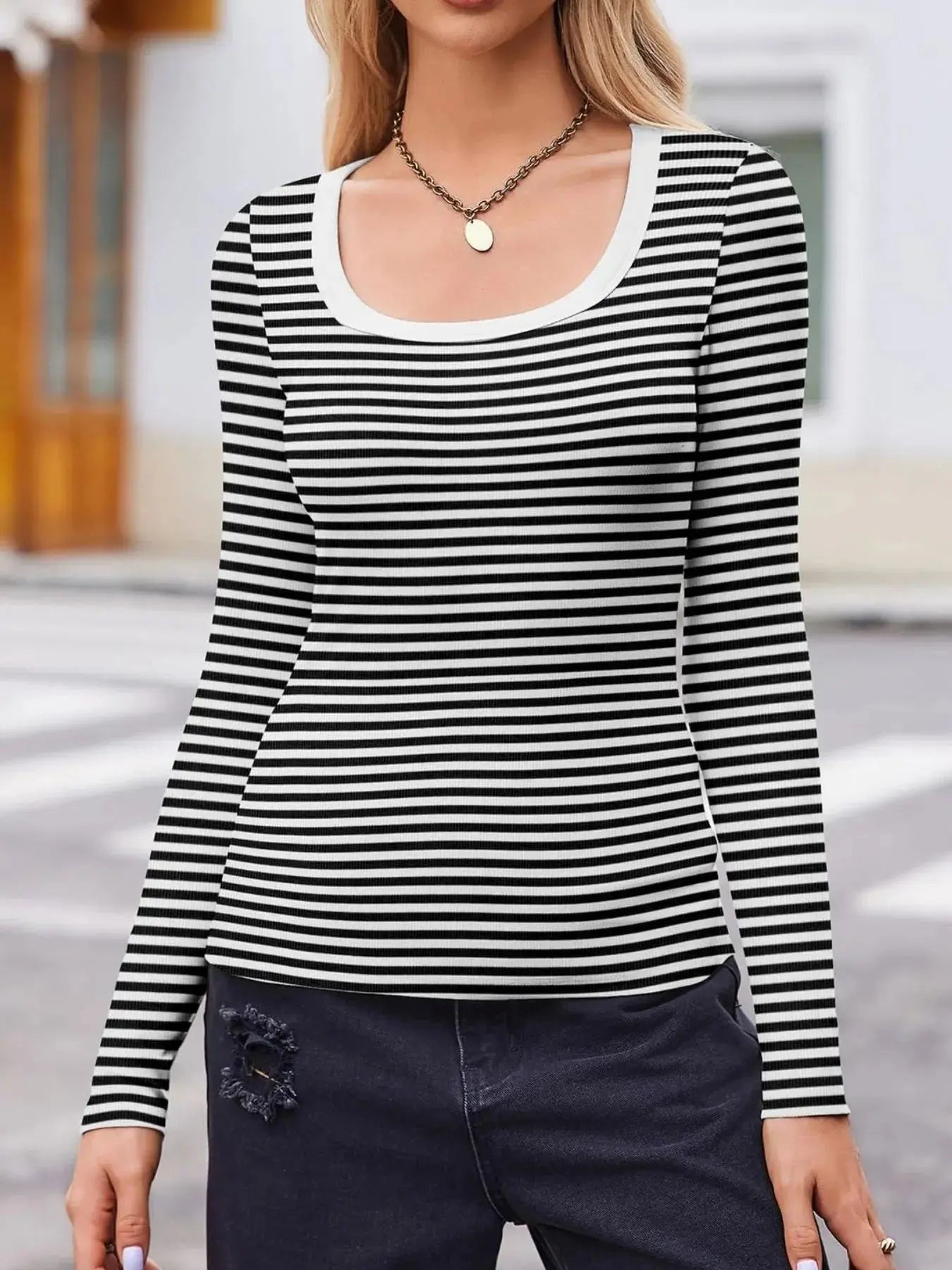 Striped Long Sleeve Scoop Neck T Shirt - Be Bliss Boutique