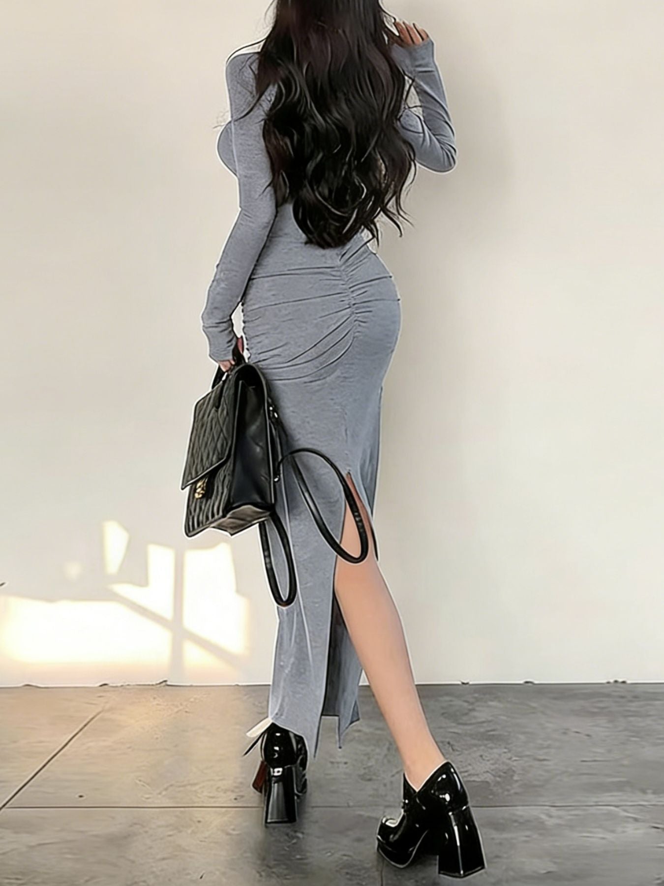 Ruched Slit Long Sleeve Bodycon Maxi Dress - Be Bliss Boutique