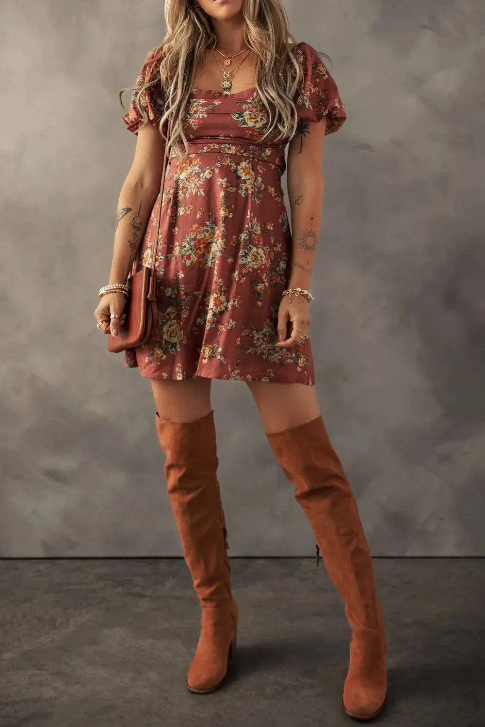 Floral Puff Sleeve Square Neck Knot Open Back Mini Dress - Be Bliss Boutique