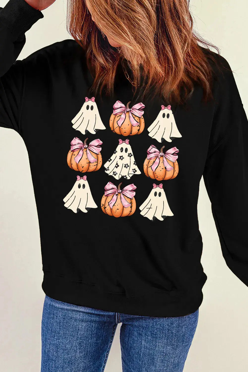 Black Pumpkin & Ghost Round Neck Long Sleeve Halloween Sweatshirt - Be Bliss Boutique