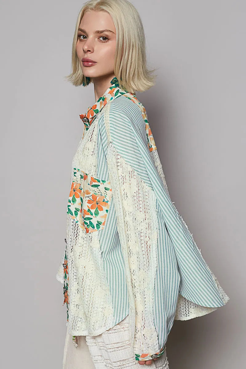 POL Sunlit Citrus Patchwork Lace Button Down Shirt - Be Bliss Boutique