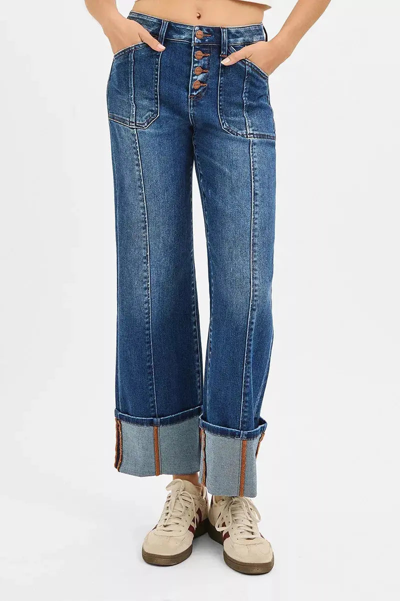 RISEN Jeans - Full Size High Rise Crop Wide Straight Cuffed Jeans - Be Bliss Boutique