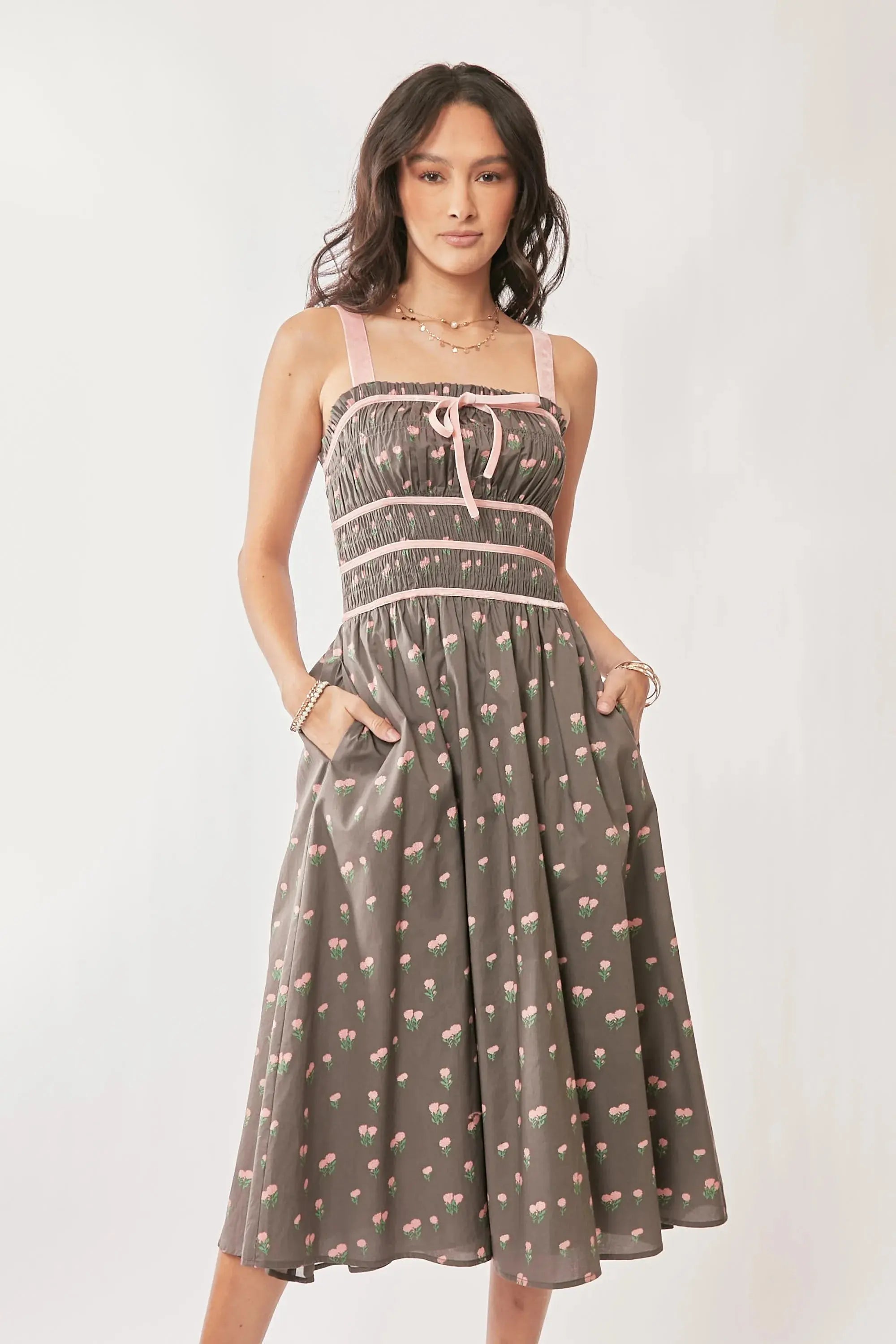 Davi & Dani “Strawberry Fields” Smocked-Bodice Midi Dress - Be Bliss Boutique