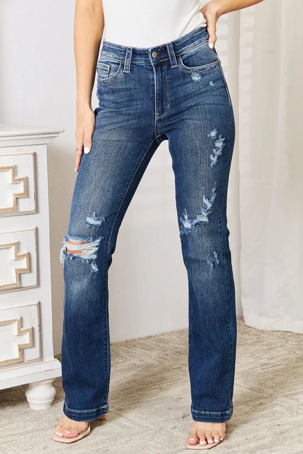 Full Size Mid Rise Hand Sand & Destroy Bootcut Judy Blue Jeans - Be Bliss Boutique