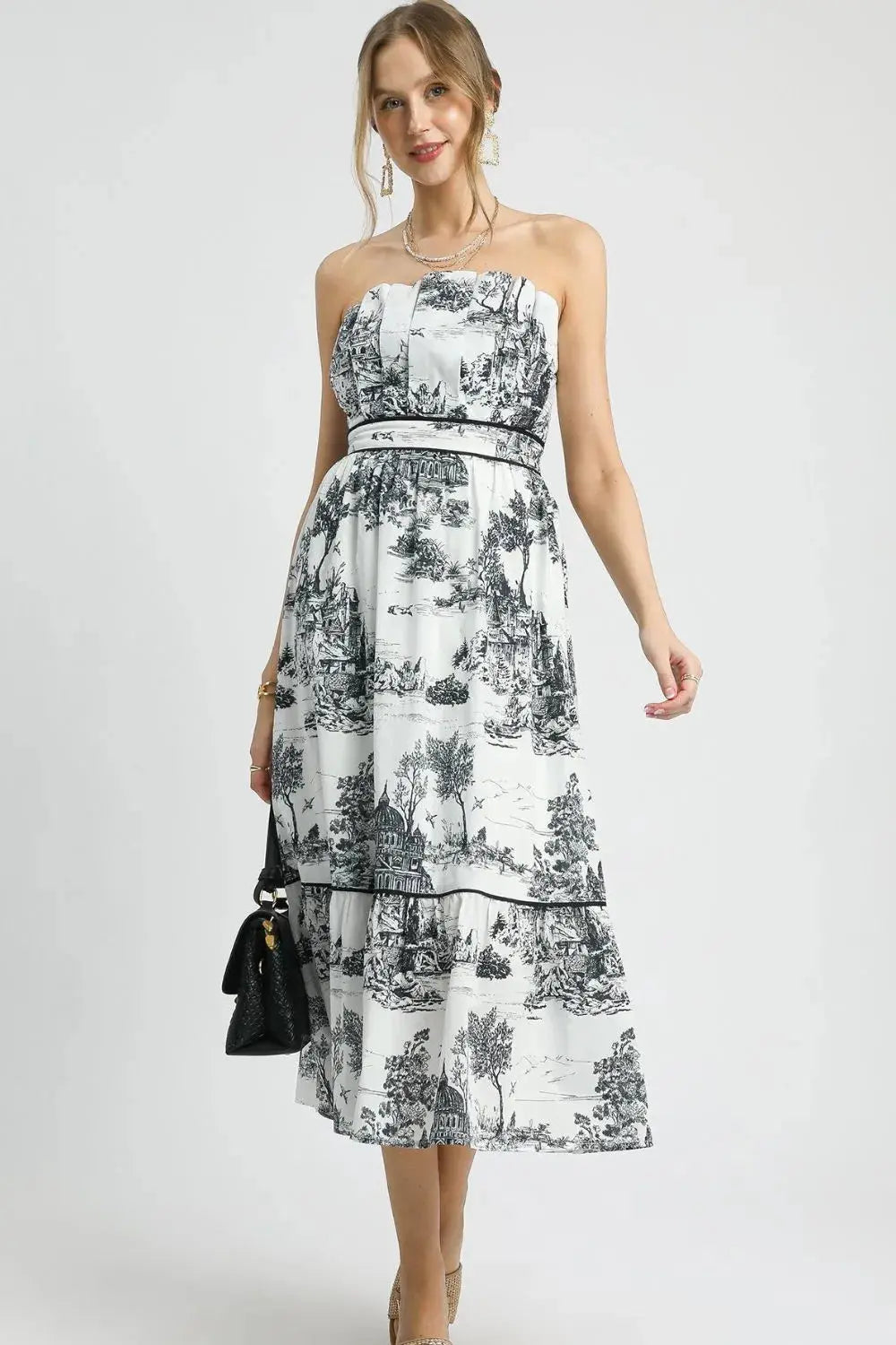 Umgee Black and White Toile Strapless Tiered Midi Dress - Be Bliss Boutique