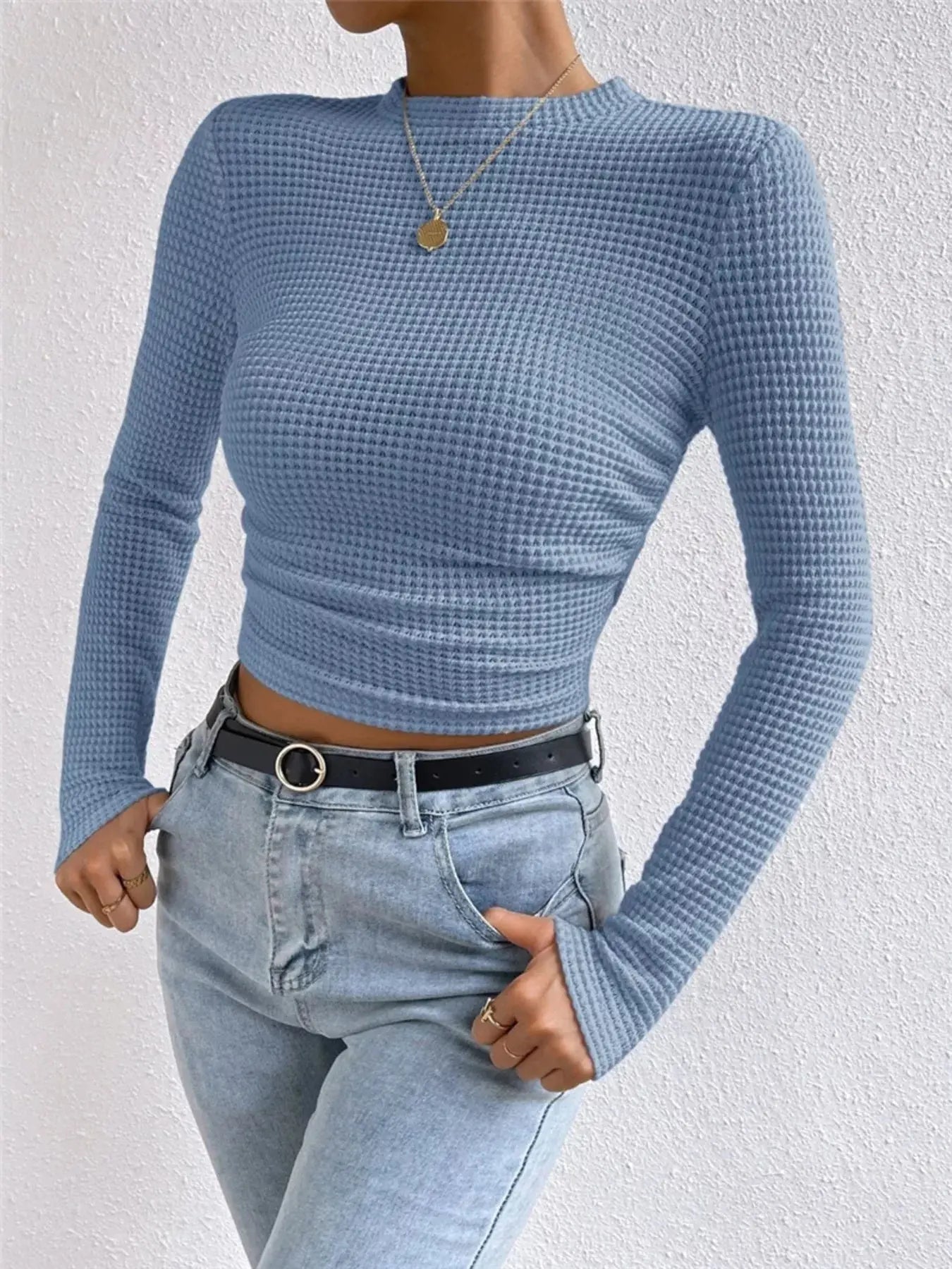 Waffle Knit Long Sleeve T Shirt - Be Bliss Boutique