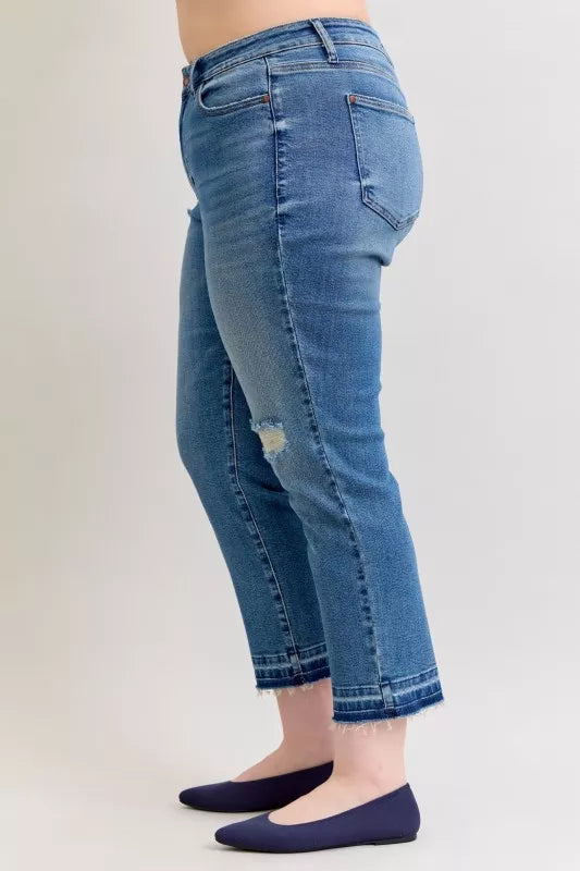 Judy Blue Full Size Mid Rise Bf Patch & Repair Destroy Release Hem Jeans Plus Size - Be Bliss Boutique