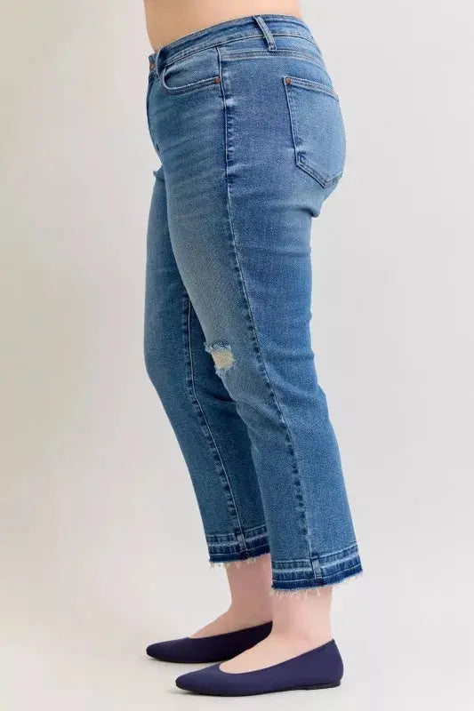 Judy Blue Jeans - Plus Size Mid Rise Boyfriend Destroy Jeans with Release Hem - Be Bliss Boutique