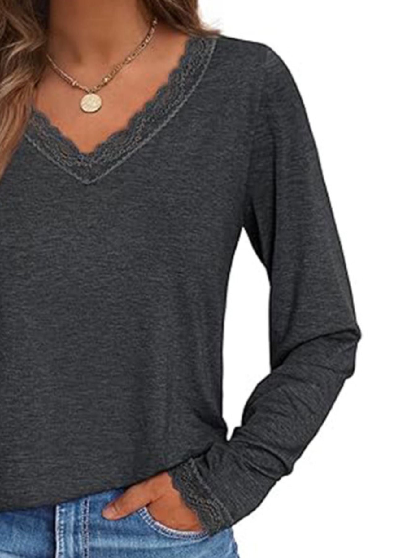 Women's Lace Trim V Neck Long Sleeve Top - Be Bliss Boutique
