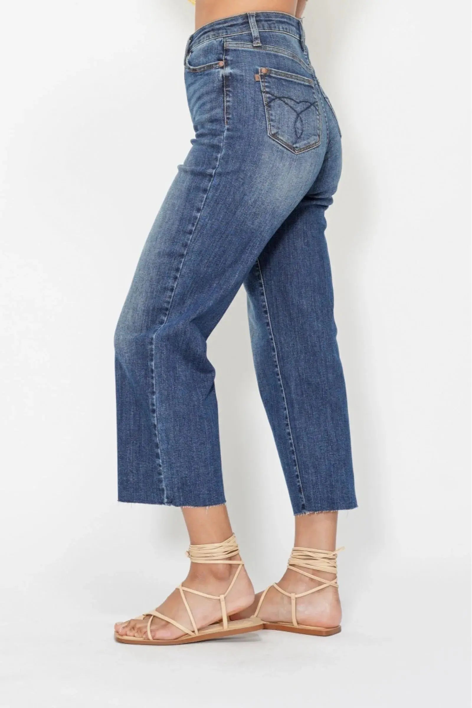 Judy Blue Jeans - High Waist Back Pocket Embroidery Crop Wide Jeans - Be Bliss Boutique