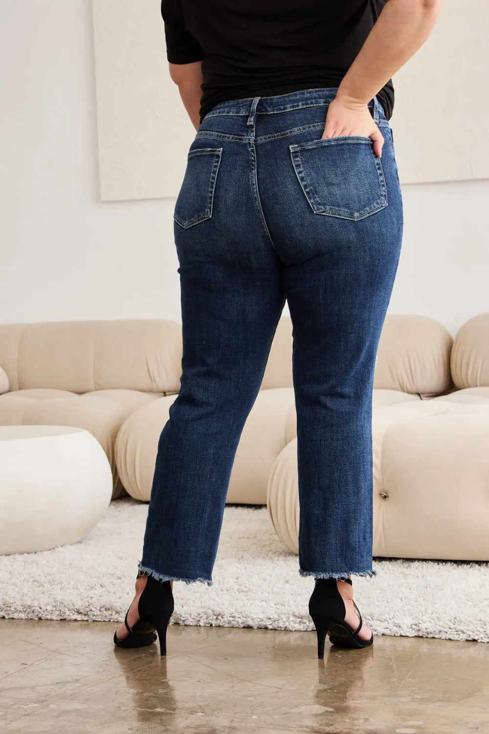 Full Size Tummy Control Distressed High Waist Raw Hem Jeans - Be Bliss Boutique
