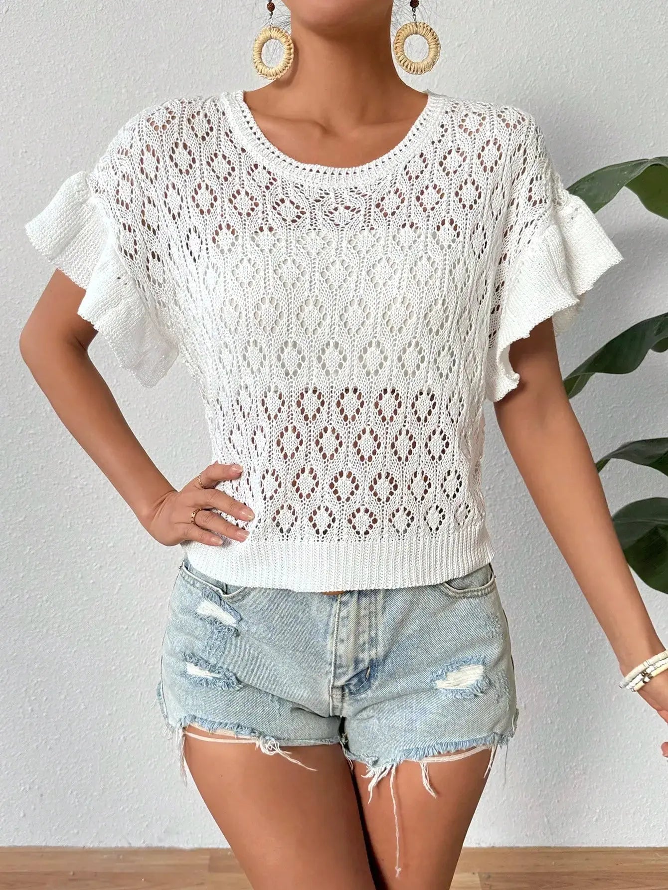 Ruffled Openwork Knit Short Sleeve Top – Sheer Lightweight Layer - Be Bliss Boutique