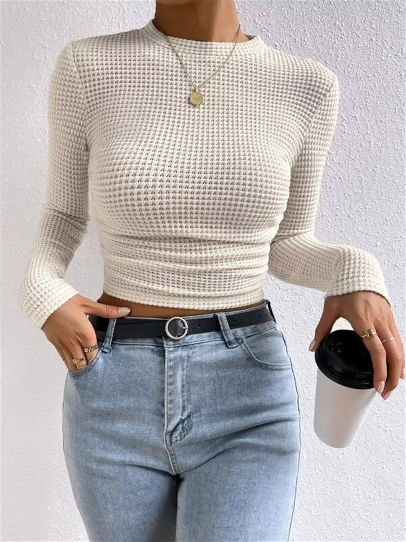 Waffle Knit Long Sleeve T Shirt - Be Bliss Boutique