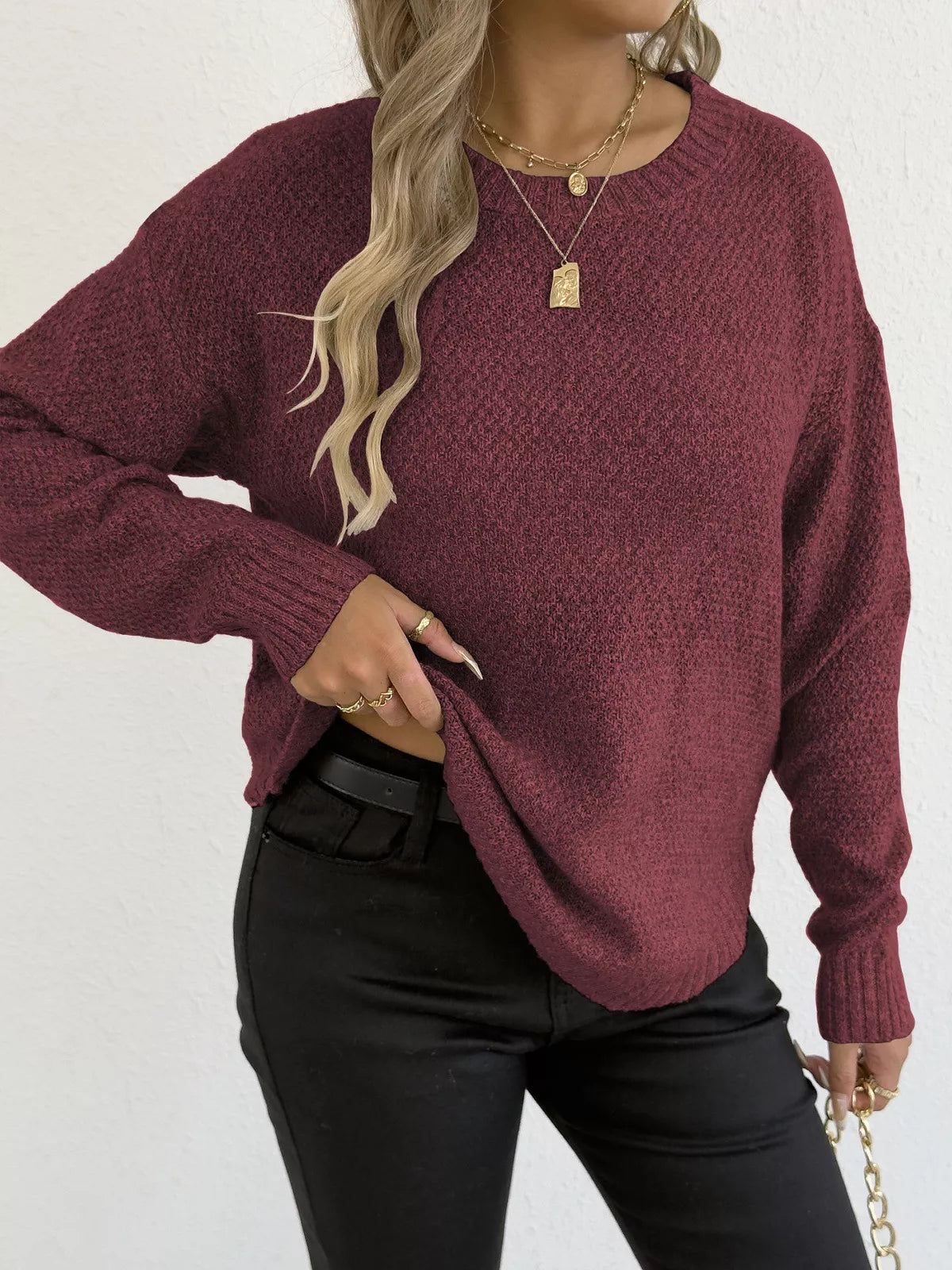 Textured Knit Relaxed Fit Round Neck Sweater - Be Bliss Boutique