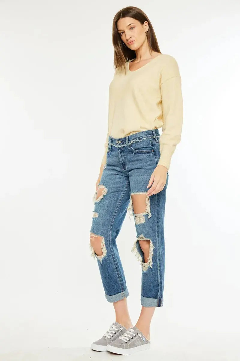 Distressed Mid Rise True Kancan Boyfriend Jeans - Be Bliss Boutique