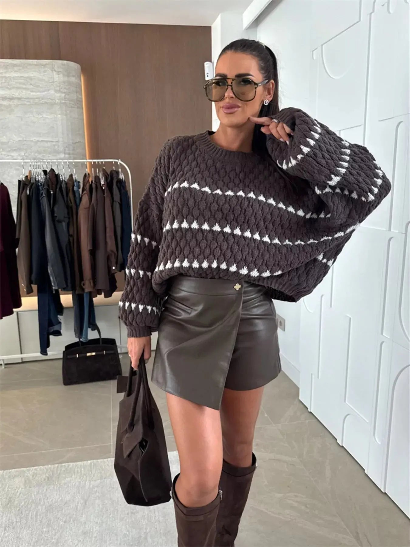 Striped Chunky Knit Sweater with Balloon Sleeves - Be Bliss Boutique