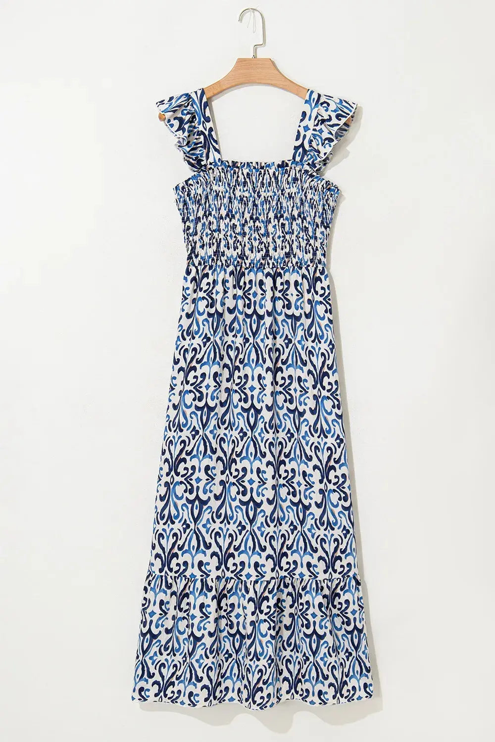 Smocked Printed Square Neck Boho Tiered Midi Dress - Be Bliss Boutique