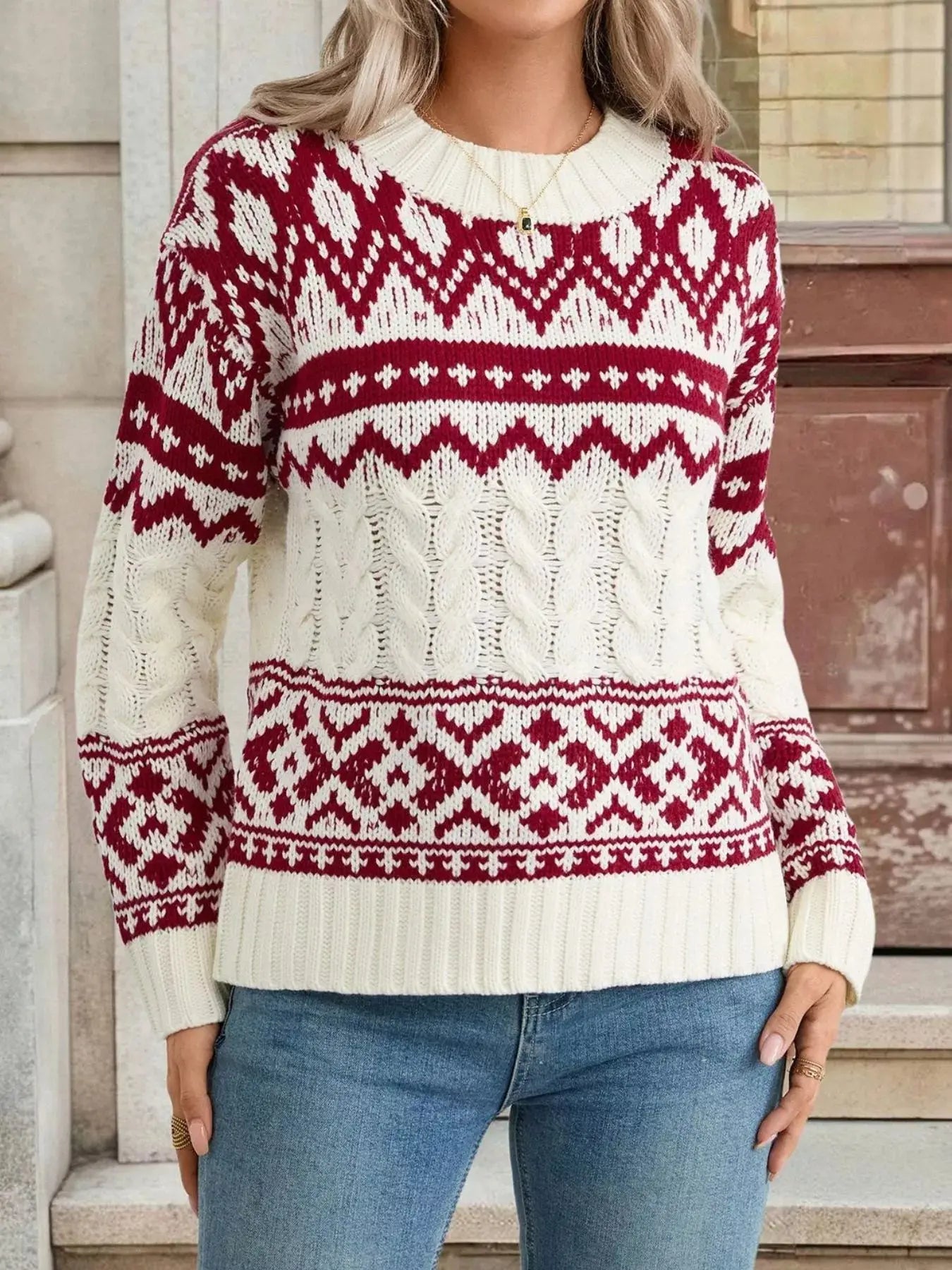 Long Sleeve Cable Knit Christmas Sweater - Be Bliss Boutique