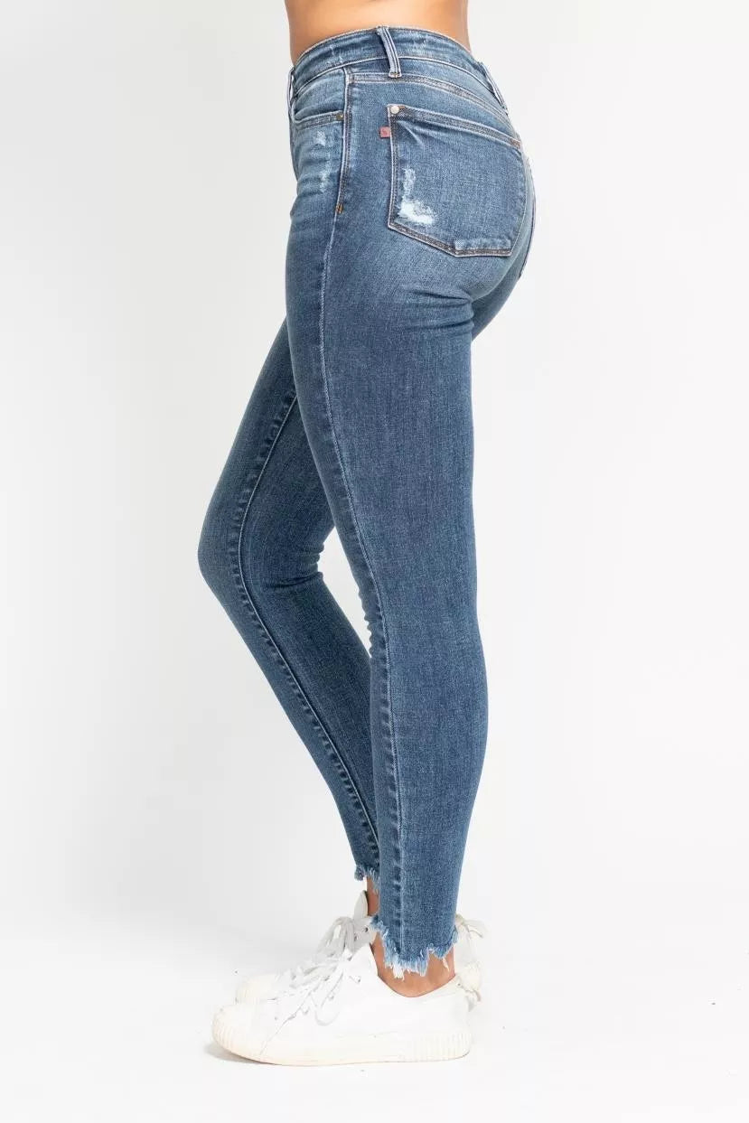 Judy Blue Jeans - High Waist Skinny Jeans with Destroy & Shark Bit Hem - Be Bliss Boutique