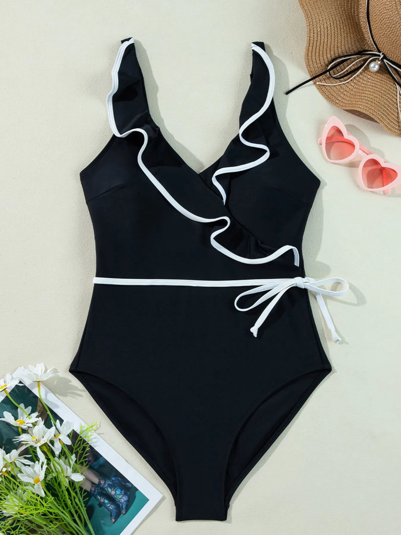 Ruffle Trim V Neck One Piece Swimsuit - Be Bliss Boutique