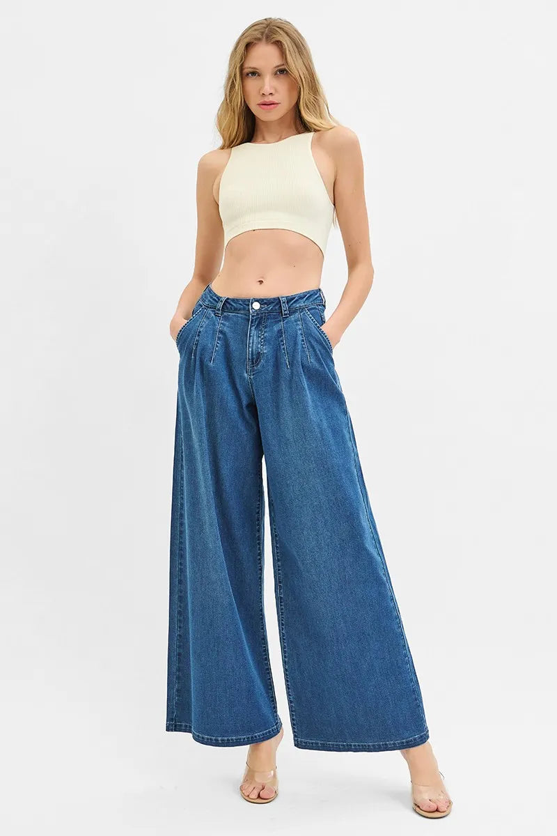Mid Rise Wide Leg Knit Denim Palazzo RISEN Jeans - Be Bliss Boutique