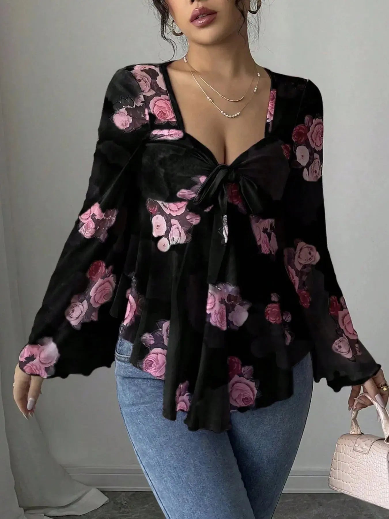 Floral Tie Front Flare Sleeve Blouse - Be Bliss Boutique