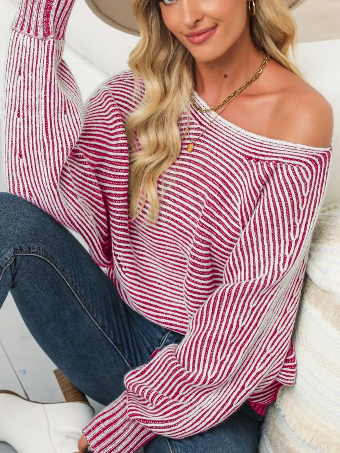 Striped Boat Neck Casual Sweater -  Be Bliss Boutique