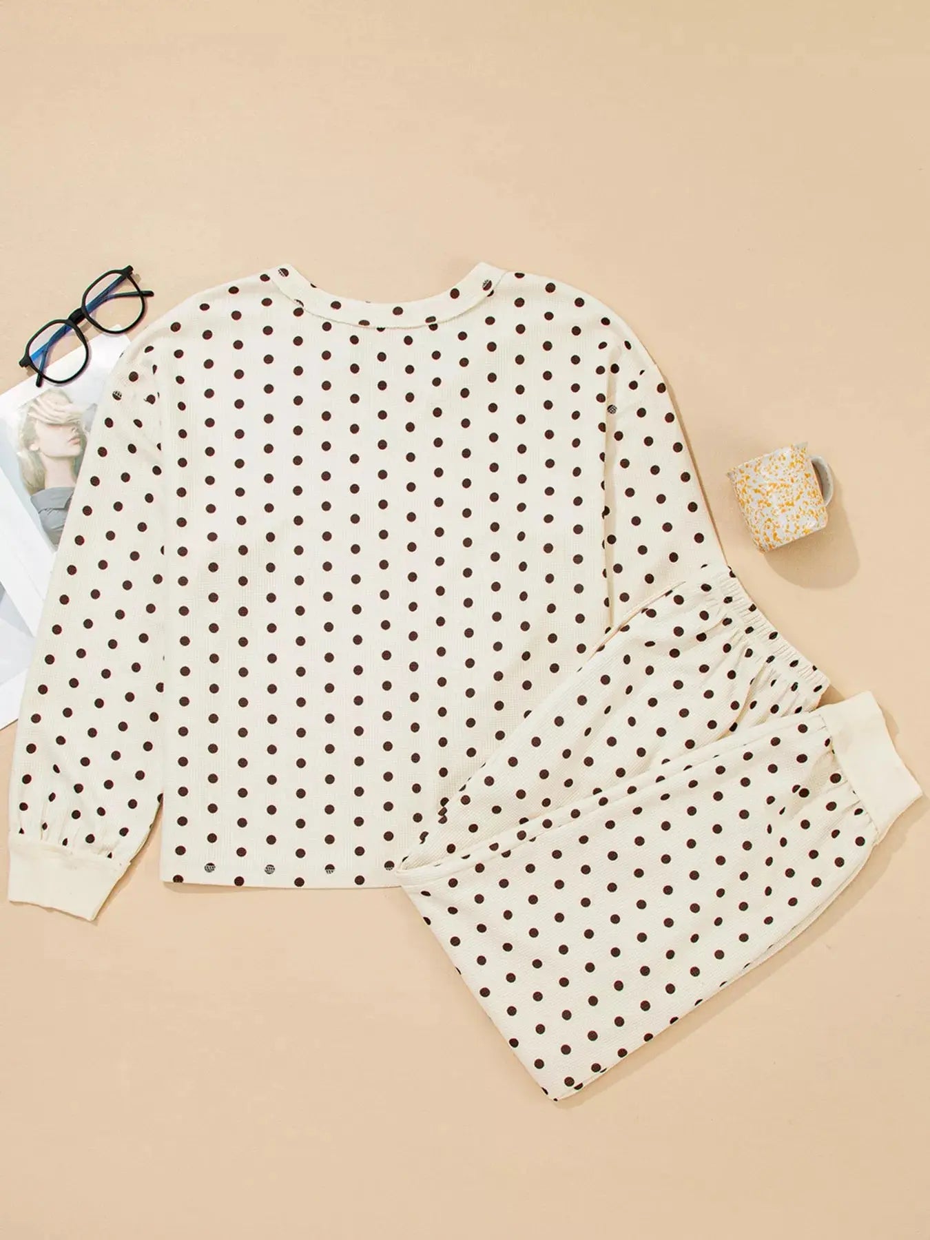 Polka Dot Notched Long Sleeve Top and Drawstring Loungewear Set - Be Bliss Boutique
