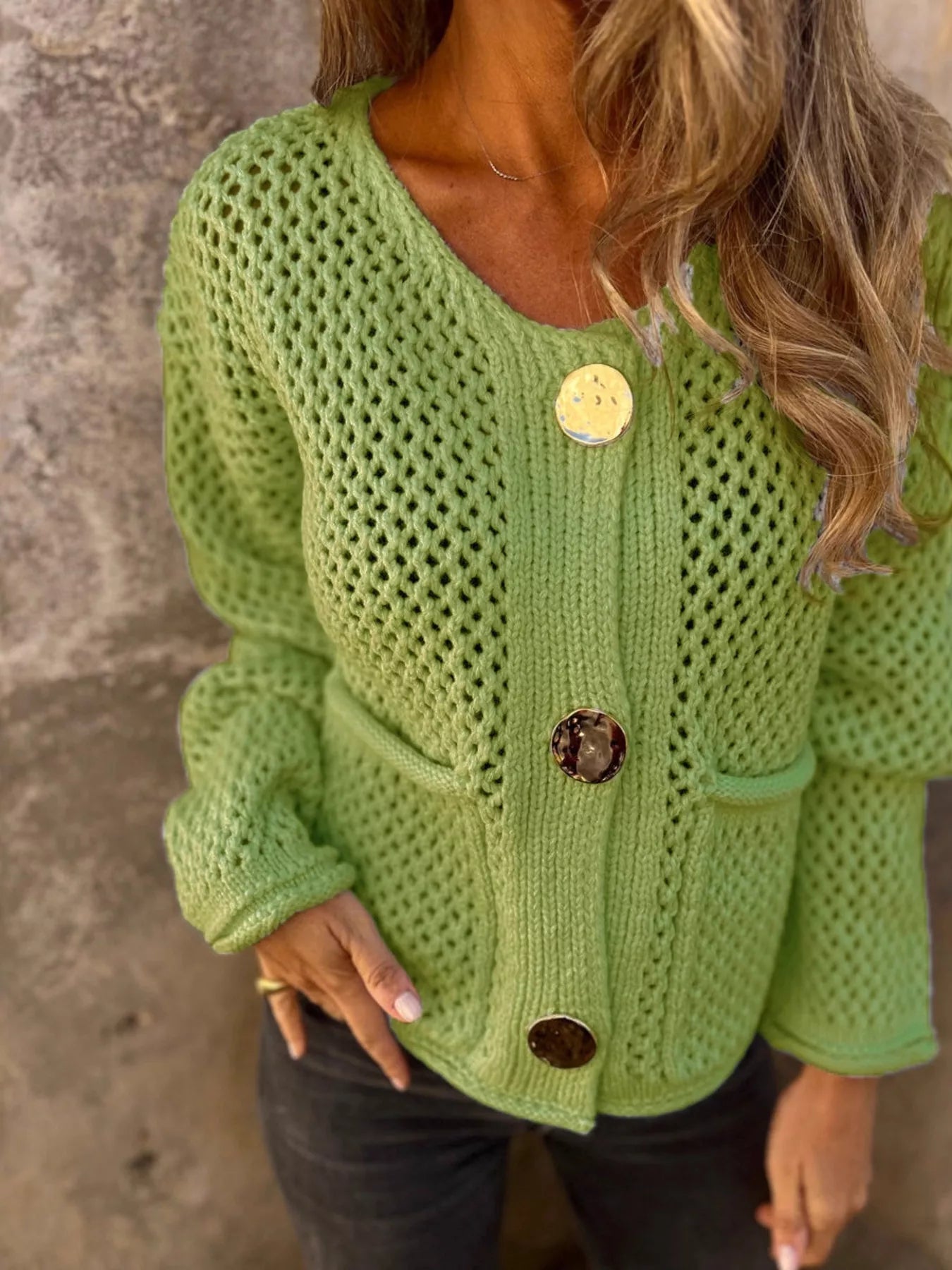 Crochet Button Up Long Sleeve Cardigan -  Be Bliss Boutique