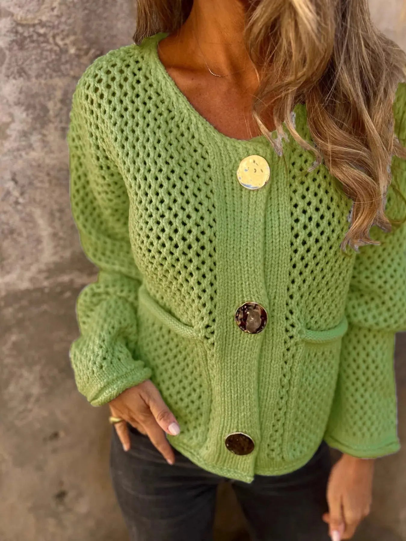 Crochet Button Up Long Sleeve Cardigan - Be Bliss Boutique