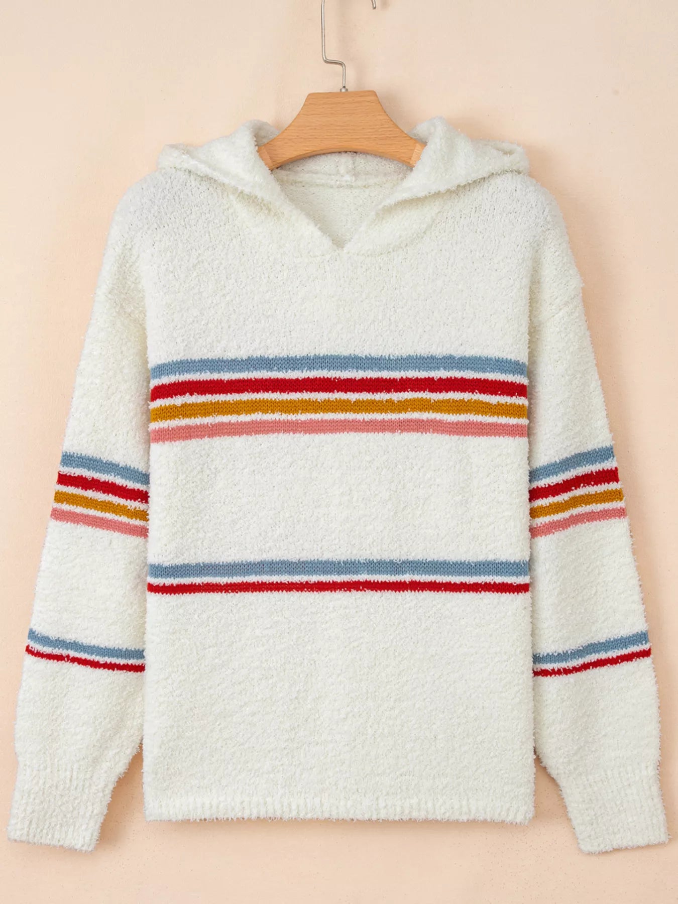 Multicolored Striped Accent Popcorn Hooded Sweater - Be Bliss Boutique