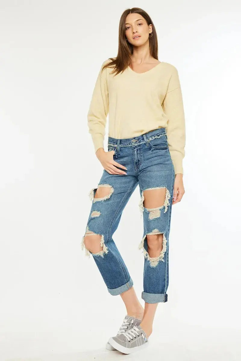Distressed Mid Rise True Kancan Boyfriend Jeans - Be Bliss Boutique