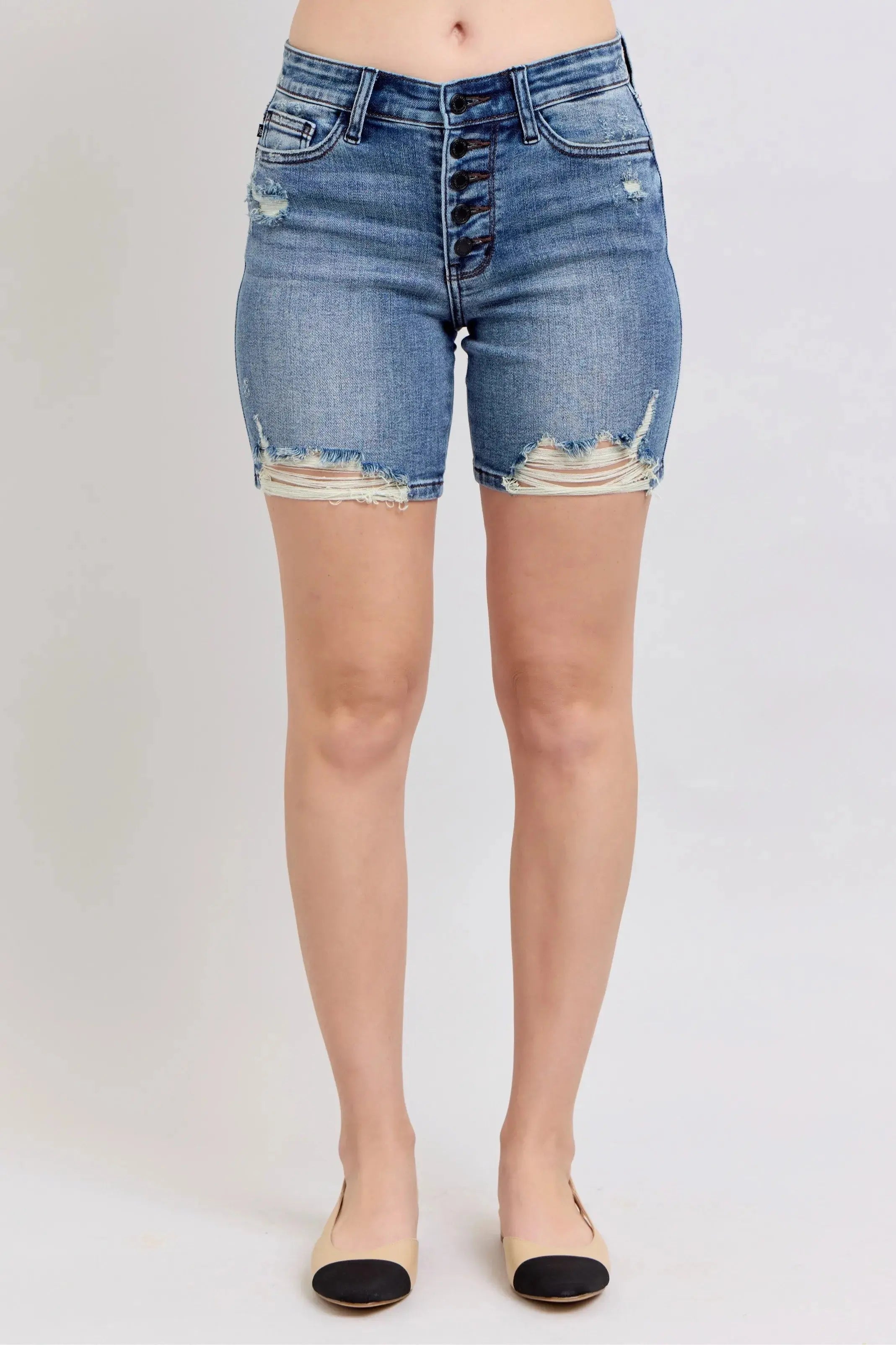 Judy Blue Jeans - Button Fly High-Rise Destroyed Hem Denim Shorts - Be Bliss Boutique