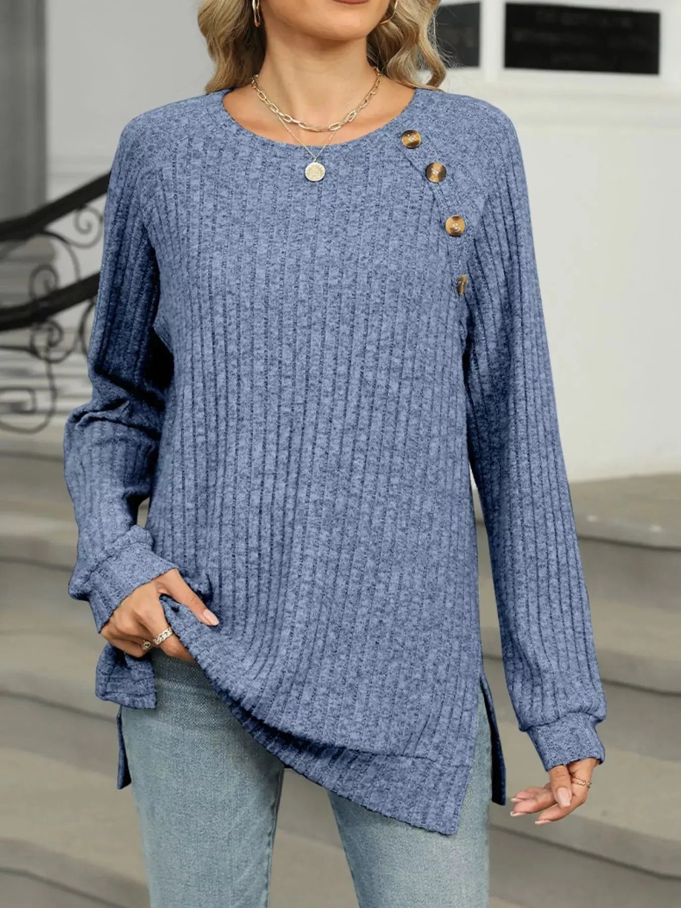 Cozy Chic Ribbed Button Detail Long Sleeve Tunic - Be Bliss Boutique
