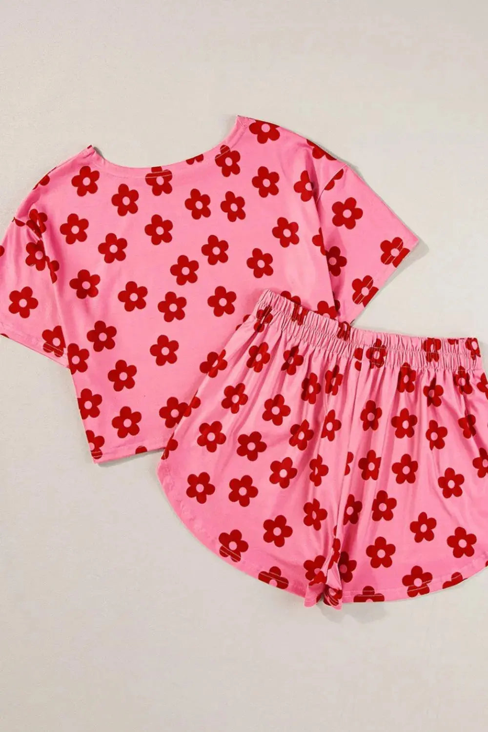 Pink & Red Floral Cropped Tee and Shorts Womens Loungewear Set - Be Bliss Boutique