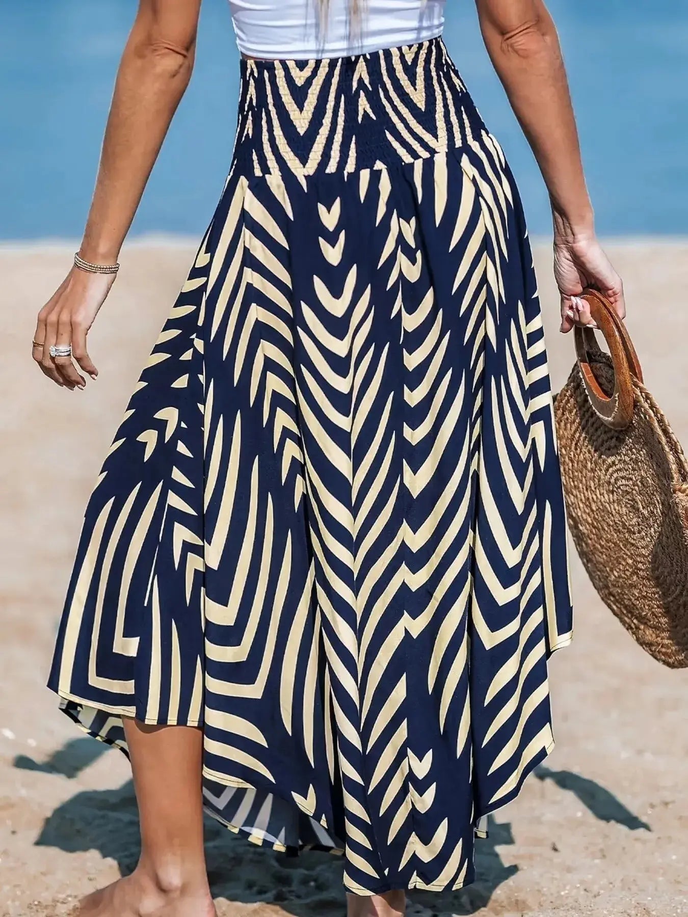 Navy and Cream Smocked Chevron Print High Waist Maxi Skirt - Be Bliss Boutique