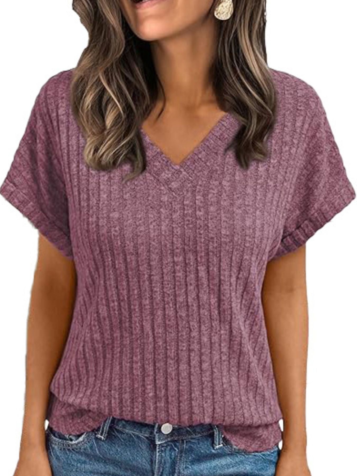 Ribbed Knit V Neck Relaxed Fit T Shirt - Be Bliss Boutique