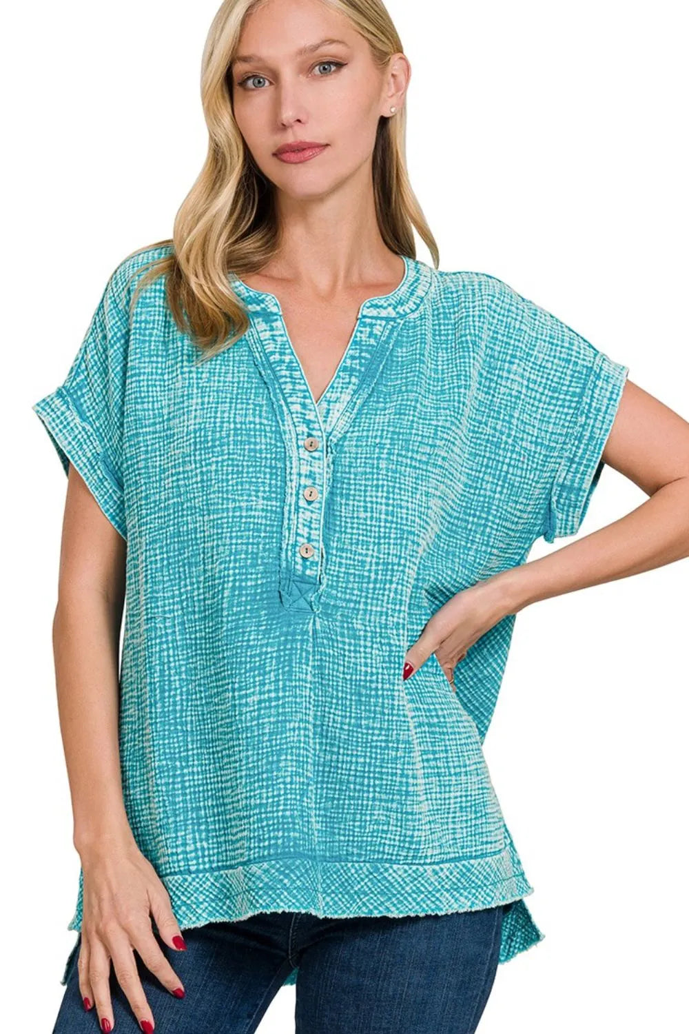 Zenana Washed Turquoise Double Gauze Henley Shirt – Women's Oversized Shirt - Be Bliss Boutique