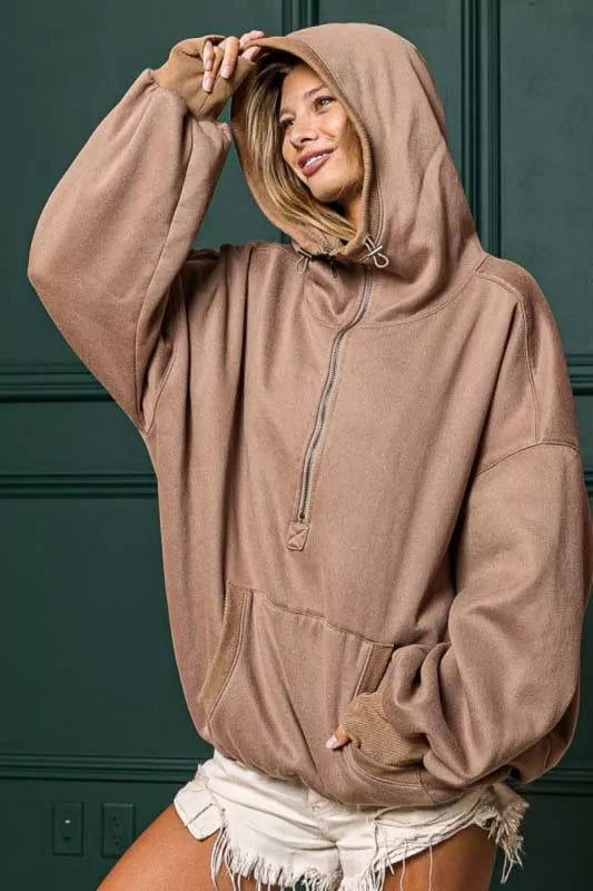 BiBi Stitch Detailed Elastic Hem Half Zip Fleece Hoodie - Be Bliss Boutique