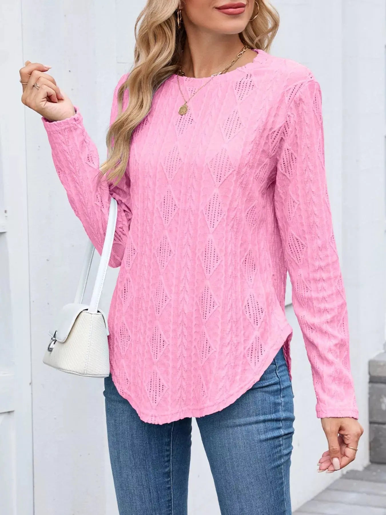 Openwork Textured Long Sleeve Top - Be Bliss Boutique