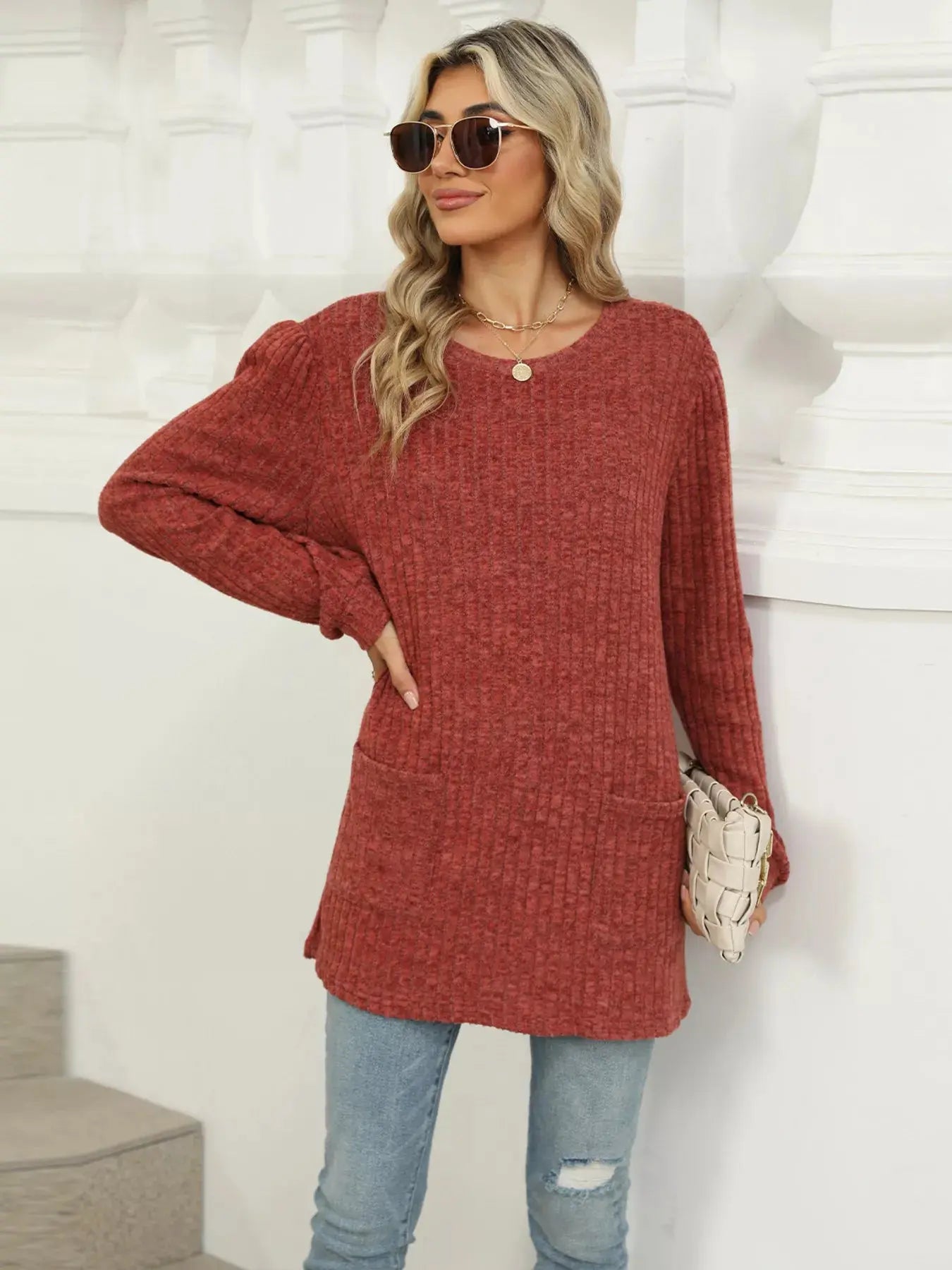 Cozy Ribbed Knit Long Sleeve Tunic Top with Pockets - Be Bliss Boutique