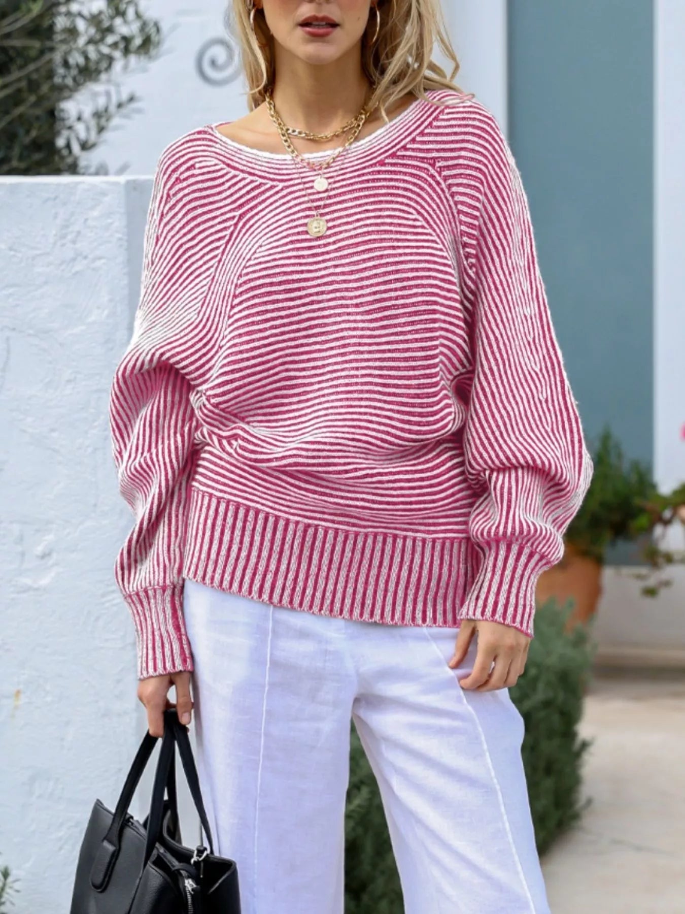 Striped Boat Neck Casual Sweater -  Be Bliss Boutique