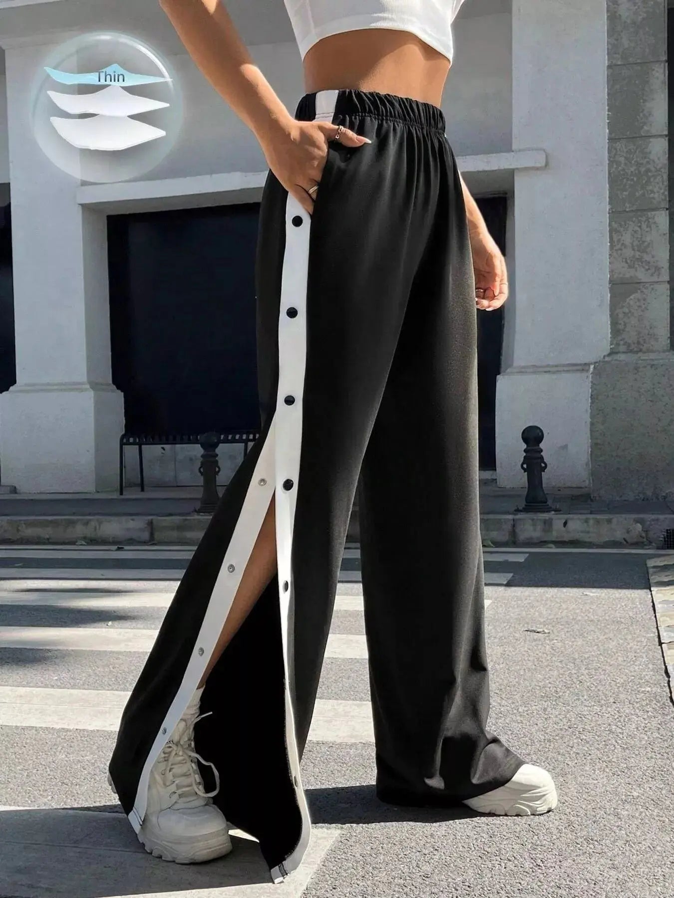 Two-Tone Side Snap Womens Wide Leg Pants - Be Bliss Boutique